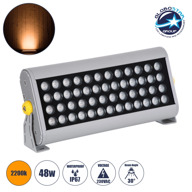 FLOODHENA 90446 Προβολέας Σποτ Wall Washer LED 48W 4080lm 30° AC 220-240V Αδιάβροχο IP67 Ultra Θερμό Λευκό 2200K - Bridgelux SMD Chip - Γκρι Ανθρακί - Μ39 x Π6 x Υ17cm - 3 Χρόνια Εγγύηση