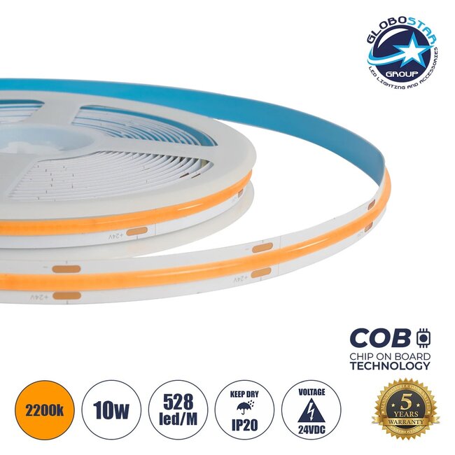 BEE 70353 Ταινία LED 10W/m 800lm/m 120° DC 24V IP20 528 x COB Chip/m Ultra Θερμό Λευκό 2200K Dimmable - Μ500 x Π1 x Υ0.2cm - Ρολό 5 Μέτρων - 5 Χρόνια Εγγύηση