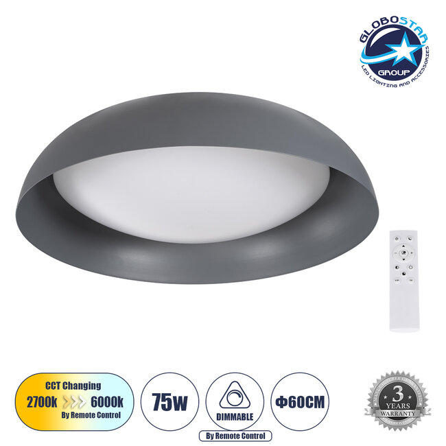 ANATOLIA 61265 Πλαφονιέρα Οροφής LED CCT 75W 8625lm 120° AC 220-240V - Εναλλαγή Φωτισμού μέσω Τηλεχειριστηρίου All In One Ψυχρό 6000k+Φυσικό 4500k+Θερμό 2700k Dimmable Φ60cm - Γκρι Ανθρακί - 3 Years Warranty
