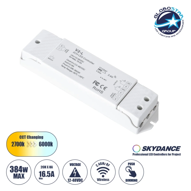 71565 V2-L SKYDANCE DC RF 2.4Ghz Dimmer High Speed Controller & Push Dimming 2 Κανάλια DC 12-48V 2 x 8A 384W - Max 16.5A 384W - IP20 Μ17.5 x Π4.5 x Υ2.5cm - 5 Years Warranty