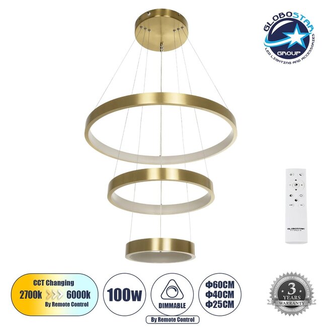 NEMESIS TRIO 61169 Μοντέρνο Κρεμαστό Φωτιστικό Οροφής LED 100W 12123lm 360° AC 220-240V IP20 Ρυθμιζόμενο Λευκό CCT με Χειριστήριο από 2700K έως 6000K Dimmable - Lumileds SMD Chip - Χρυσό Βούρτσας - Μ60 x Π60 x Υ60cm - 3 Χρόνια Εγγύηση NEMESIS TRIO 61169 Μοντέρνο Κρεμαστό Φωτιστικό Οροφής LED 100W 12123lm 360° AC 220-240V IP20 Ρυθμιζόμενο Λευκό CCT με Χειριστήριο από 2700K έως 6000K Dimmable - Lumileds SMD Chip - Χρυσό Βούρτσας - Μ60 x Π60 x Υ60cm - 3 Χρόνια Εγγύηση