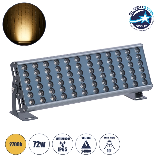 FLOOD-TENA 90221 Προβολέας Wall Washer για Φωτισμό Κτιρίων LED 72W 6480lm 10° DC 24V Αδιάβροχο IP65 L46.5 x W7 x H16.5cm Θερμό Λευκό 2700K - Ασημί - 3 Years Warranty