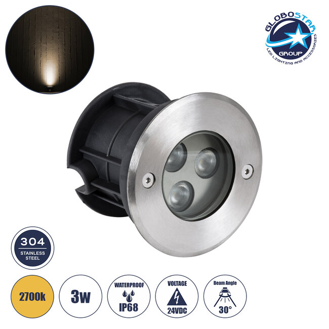 UNDERWATERHUNI 90414 Υποβρύχιο Χωνευτό Σποτ για Σιντριβάνια/Πισίνες LED 3W 270lm 30° DC 24V Αδιάβροχο IP68 Θερμό Λευκό 2700K Dimmable - Bridgelux SMD Chip - Ανοξείδωτο Ατσάλι SS304 - Μ10 x Π10 x Υ7.5cm / Q9.5cm - 3 Χρόνια Εγγύηση