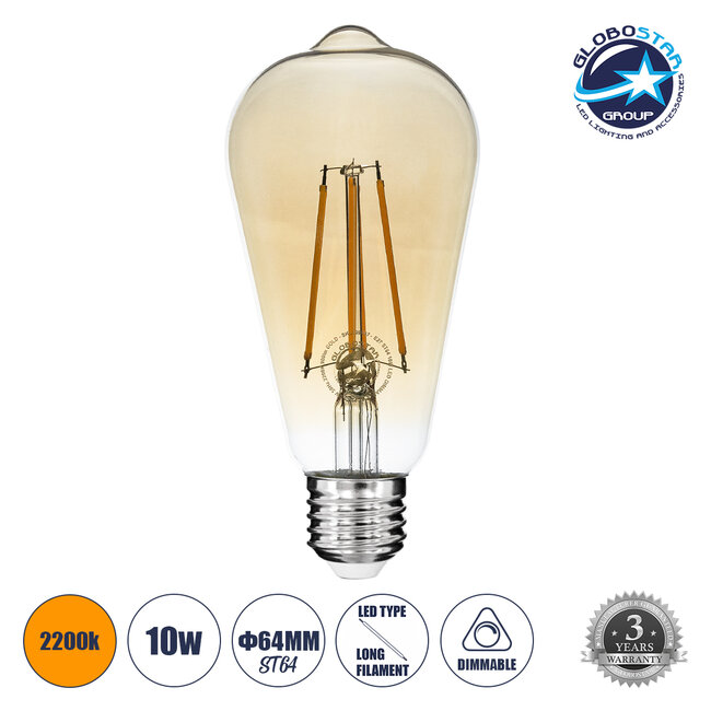 99047 Λάμπα LED Long Filament E27 ST64 Αχλάδι 10W 900lm 360° AC 220-240V IP20 Φ6.4 x Υ14cm  Ultra Θερμό Λευκό 2200K με Μελί Γυαλί Dimmable - 3 Χρόνια Εγγύηση