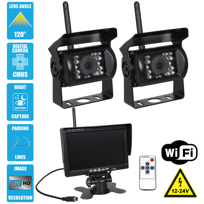 86031 2 x WiFi Έγχρωμες Κάμερες 720p CMOS HD Οπισθοπορείας Αυτοκινήτου-Φορτηγού DC 12-24V 170° με Οθόνη 7