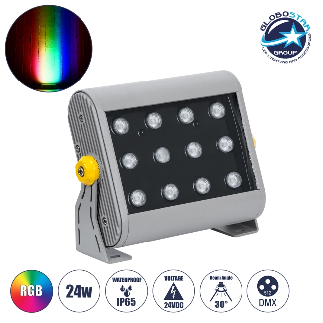 FLOODHENA 90641 Προβολέας Σποτ Wall Washer LED 24W 1920lm 30° DC 24V Αδιάβροχο IP65 Πολύχρωμο RGB Dimmable DMX512 - Bridgelux SMD Chip - Γκρι Ανθρακί - Μ22.5 x Π6 x Υ16.5cm - 3 Χρόνια Εγγύηση