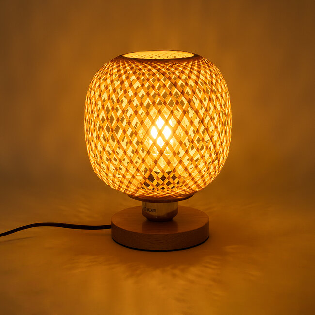 KERRY 01981 Μοντέρνο Επιτραπέζιο Φωτιστικό Πορτατίφ Μονόφωτο 1 x E27 AC220-240V IP20 - Φ18 x Υ25cm - Μπεζ Ξύλινο Μπαμπού Πλέγμα - 5 Χρόνια Εγγύηση