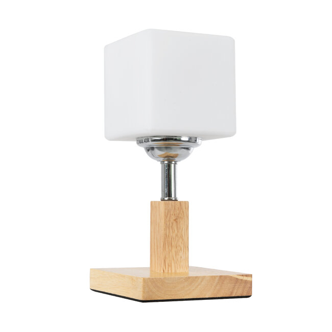 COVE 02037 Μοντέρνο Επιτραπέζιο Φωτιστικό Μονόφωτο 1 x E27 AC220-240V IP20 - Μ12 x Π12 x Υ25cm - Μπεζ Ξύλινο & Γυάλινο Γαλακτερό Κύβο - 5 Χρόνια Εγγύηση