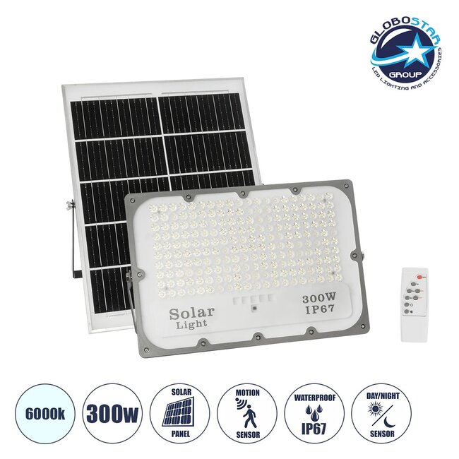 LUMOVOX 73069 Προβολέας LED 300W 15000lm 120° DC 5V με Φωτοβολταϊκό Panel 5V 20W & Επαναφορτιζόμενη Μπαταρία Li-ion 3.2V 15000mAh Αδιάβροχο IP67 Ψυχρό Λευκό 6000K - 360 x SMD2835 Sanan Chip - Γκρι Ανθρακί - Μ37 x Π7.5 x Υ27cm - 2 Χρόνια Εγγύηση