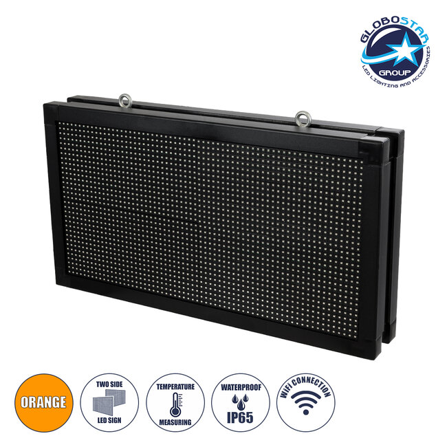 DISPLAY 90799 LED Scrolling Display 64x32cm - Κυλιόμενη Ψηφιακή Πινακίδα / Επιγραφή Διπλής Όψης P10 LED SMD AC 220-240V - Λειτουργία μέσω Wi-Fi με Εφαρμογή APP - Αισθήτηρας Θερμοκρασίας και Υγρασίας - Αδιάβροχο IP65 - Μ70 x Π11 x Υ38.5cm - Πορτοκαλί - 1 Χρόνο Εγγύηση