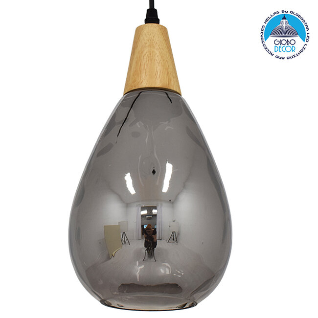 Μοντέρνο Κρεμαστό Φωτιστικό Οροφής Μονόφωτο Γυάλινο με Ξύλο Μαύρο Φιμέ Νίκελ Φ16 GloboStar NOAH