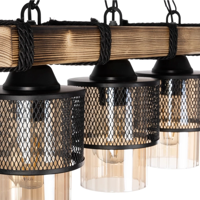 GLORA 201-0009 Vintage Κρεμαστό Φωτιστικό Ράγα Τρίφωτο 3 x E27 IP20 Μπεζ Ξύλο με Μαύρο Μέταλλο & Μελί Γυαλί - Μ50 x Π16 x Υ65cm - 7