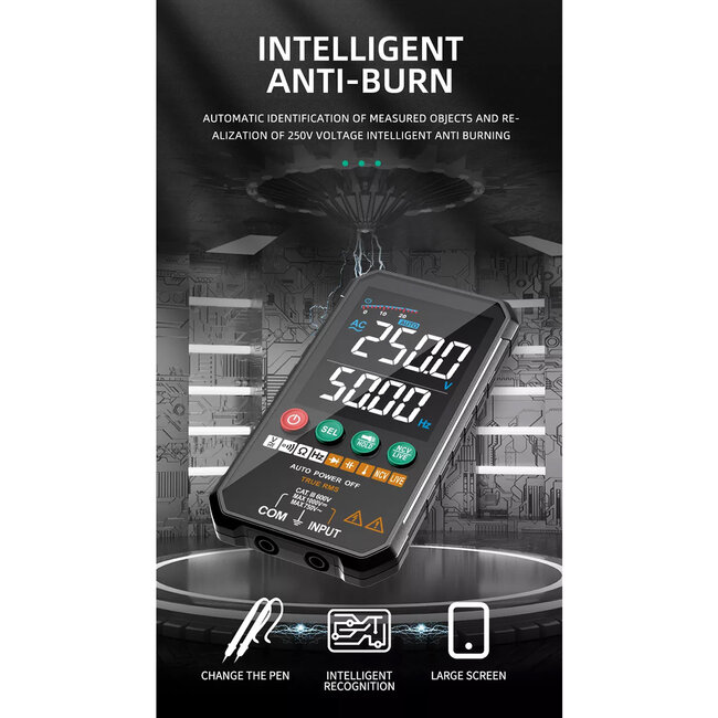 79976 Ψηφιακό Φορητό Πολύμετρο Data Retantion True RMS Intelligent Automation AI Μπαταρίας 2 x AAA (Δεν Περιλαμβάνονται) με Οπίσθιο Φωτισμό Μετρητής Τάσης AC/DC - Θερμοκρασία - Αμπερόμετρο - Voltmeter - Καπασιτόμετρο - Ohm - Μαύρο - 8