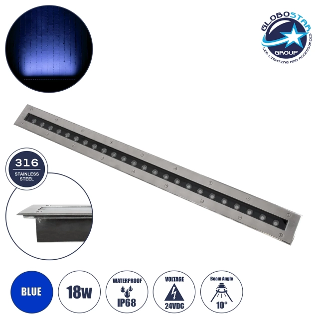 UNDERGROUND-REMVI 90194-B Χωνευτό Φωτιστικό Wall Washer Δαπέδου LED 18W 1440lm 10° DC 24V Αδιάβροχο IP68 L100 x W9 x H7.2cm Μπλε - Ανοξείδωτο Ατσάλι - 3 Years Warranty
