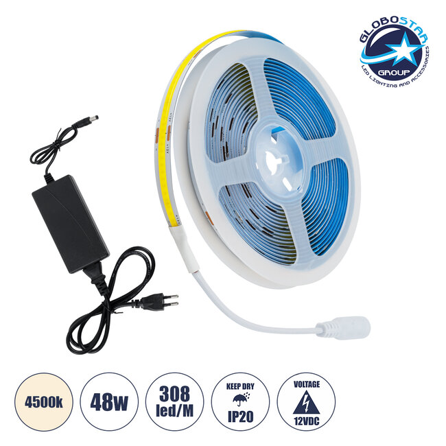 70416 Σετ Ταινία COB LED 5m 48W/5m 308LED/m 816lm/m 120° DC 12V IP20 με Τροφοδοτικό Φυσικό Λευκό 4500K