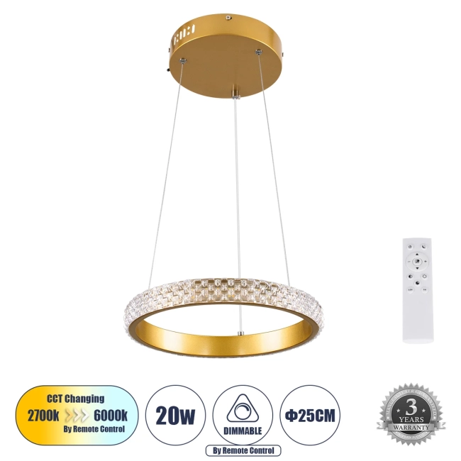 DIAMOND 61127 Μοντέρνο Κρεμαστό Φωτιστικό Οροφής LED 20W 2356lm 360° AC 220-240V IP20 Ρυθμιζόμενο Λευκό CCT με Χειριστήριο από 2700K έως 6000K Dimmable - Lumileds SMD Chip - Χρυσό Βούρτσας - Μ25 x Π25 x Υ3cm - 3 Χρόνια Εγγύηση