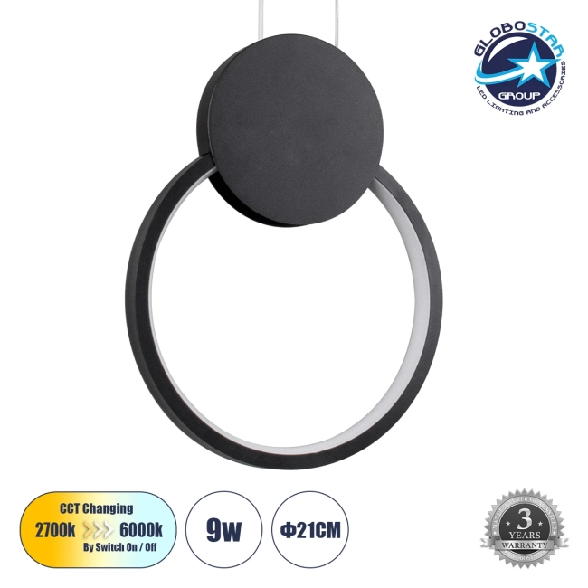 CYCLOS 61073 Μοντέρνο Κρεμαστό Φωτιστικό Οροφής LED 9W 1080lm 300° AC 220-240V IP20 Ρυθμιζόμενο Λευκό CCT με On/Off 2700K/4500K/6000K - Lumileds SMD Chip - Μαύρο Ματ - Μ21 x Π2.3 x Υ26.5cm - 3 Χρόνια Εγγύηση CYCLOS 61073 Μοντέρνο Κρεμαστό Φωτιστικό Οροφής LED 9W 1080lm 300° AC 220-240V IP20 Ρυθμιζόμενο Λευκό CCT με On/Off 2700K/4500K/6000K - Lumileds SMD Chip - Μαύρο Ματ - Μ21 x Π2.3 x Υ26.5cm - 3 Χρόνια Εγγύηση