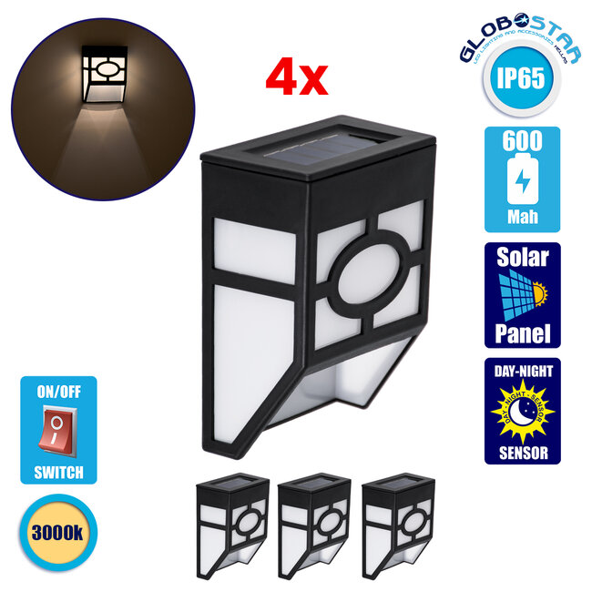 85707 ΣΕΤ 4 Τεμαχίων Αυτόνομα Ηλιακά Φωτιστικά Τοίχου Μαύρα-Λευκά LED SMD 1W 100lm με Ενσωματωμένη Μπαταρία 600mAh - Φωτοβολταϊκό Πάνελ με Αισθητήρα Ημέρας-Νύχτας Αδιάβροχα IP65 Θερμό Λευκό 3000K