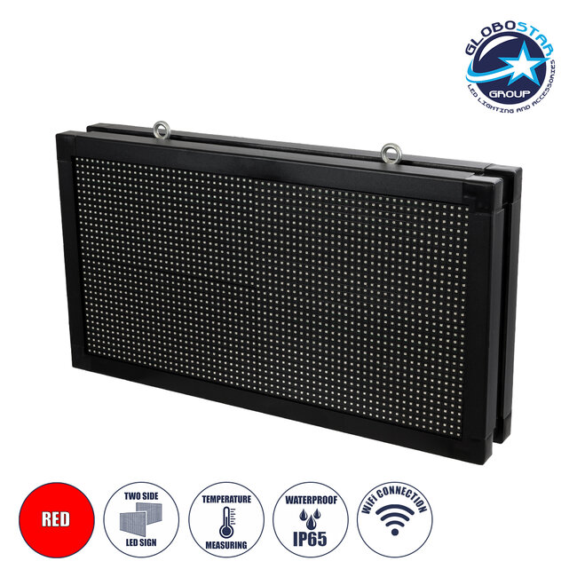 DISPLAY 90278 LED Scrolling Display 64x32cm - Κυλιόμενη Ψηφιακή Πινακίδα / Επιγραφή Διπλής Όψης P10 LED SMD AC 220-240V - Λειτουργία μέσω Wi-Fi με Εφαρμογή APP - Αισθήτηρας Θερμοκρασίας και Υγρασίας - Αδιάβροχο IP65 - Μ70 x Π11 x Υ38.5cm - Κόκκινο - 1 Χρόνο Εγγύηση
