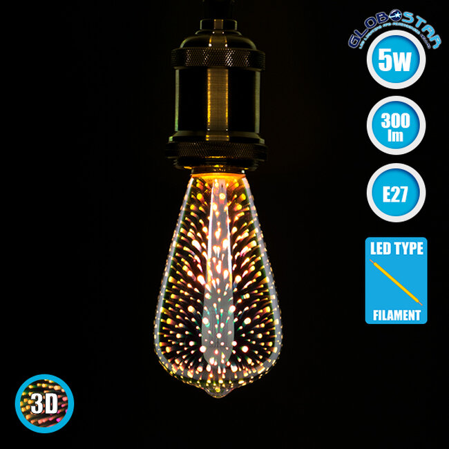 99272 Λάμπα E27 ST64 LED FILAMENT 5W 300 lm 320° AC 85-265V Edison Retro με 3D Εφέ - Galaxy Extreme Glass 2700 K - 3D