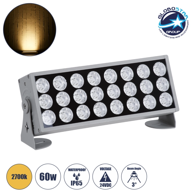  FLOODZENA 90219 Προβολέας Σποτ Wall Washer LED 60W 5400lm 3° DC 24V Αδιάβροχο IP65 Θερμό Λευκό 2700K Dimmable - CREE XPE Chip - Γκρι Ανθρακί Μ37 x Π9 x Υ26.5cm - 3 Χρόνια Εγγύηση