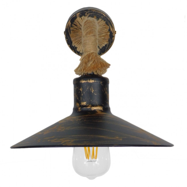 Vintage Φωτιστικό Τοίχου Απλίκα Μονόφωτο Μπρούτζινο Σκουριά Μεταλλικό Καμπάνα με Μπεζ Σχοινί Φ27  BRASTA 01131