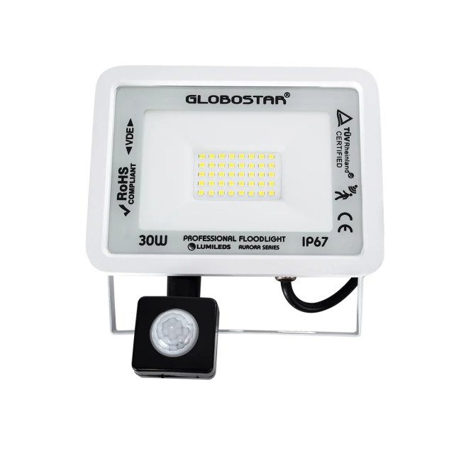  AURORA 64440 Προβολέας με Ανιχνευτή PIR / Αισθητήρα Κίνησης LED 30W 3750lm 120° AC 220-240V Αδιάβροχο IP67 Ψυχρό Λευκό 6000K - Lumileds SMD Chip - TÜV Rheinland Certified - Λευκό Ματ - Μ16 x Π5 x Υ17.5cm - 3 Χρόνια Εγγύηση
