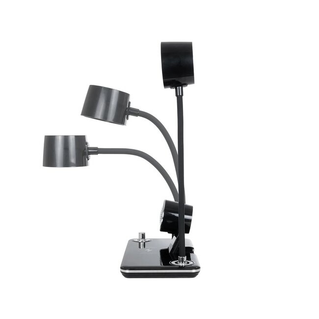 OLDY 76563 Μοντέρνο Επιτραπέζιο Φωτιστικό Γραφείου με Ασύρματη Φόρτιση 15W 3A, 5W Bluetooth Ηχείο & Ψηφιακό Ρολόι LED 3W 300lm 120° DC 5V με USB-C IP20 Ρυθμιζόμενο Λευκό CCT με Αφή 2700K/4500K/6000K Dimmable - Sanan SMD Chip - Μαύρο - Μ13 x Π25 x Υ38cm - 2 Χρόνια Εγγύηση