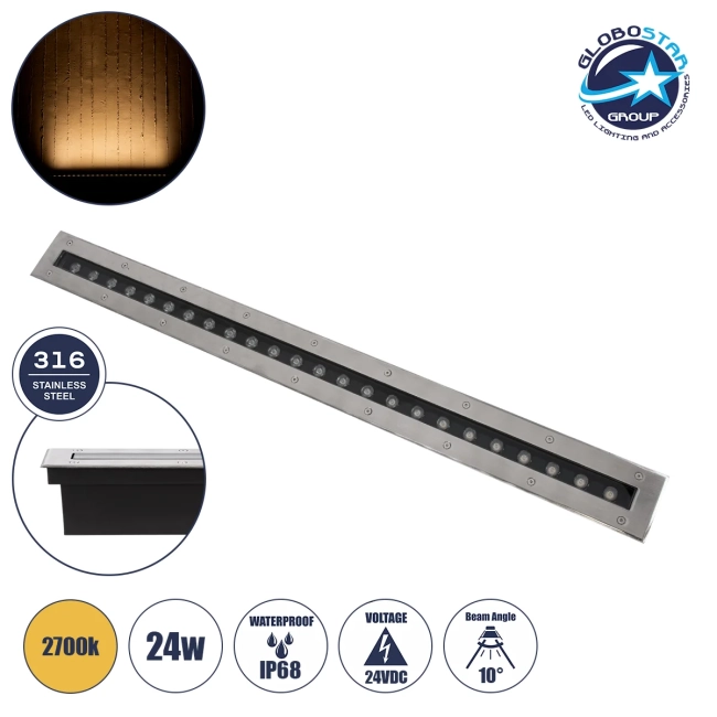  UNDERGROUNDREMVI 90194 Χωνευτή Μπάρα Φωτισμού Wall Washer LED 24W 2640lm 10° DC 24V Αδιάβροχο IP68 Θερμό Λευκό 2700K Dimmable - Bridgelux SMD Chip - Ανοξείδωτο Ατσάλι SS316 - Μ100 x Π9 x Υ7.2cm / Q98.2 x 7.6cm - 3 Χρόνια Εγγύηση