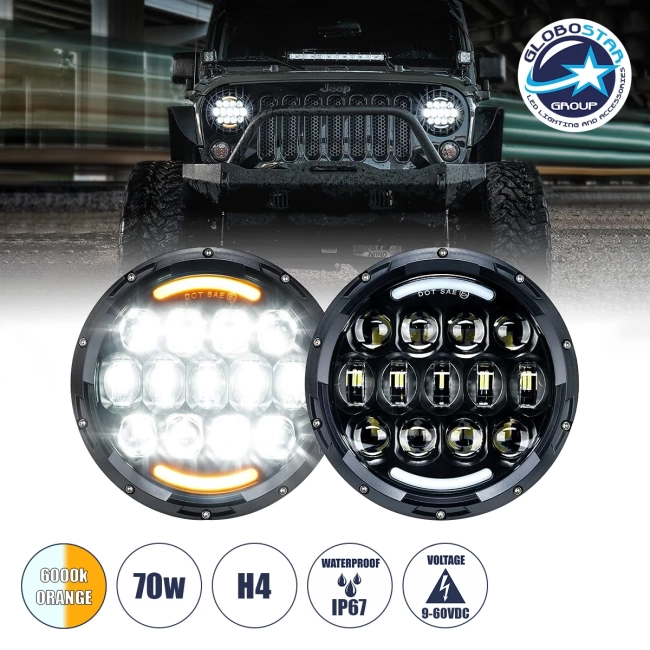 85415 Σετ 2 x Φανάρια JEEP WRANGLER 6.9 Ιντσών Βασικού Φωτισμού H/L με DRL & Φλας LED CREE CXB COB 70W 7000lm DC 9-60V Αδιάβροχα IP67 Πορτοκαλί & Ψυχρό Λευκό 6000K