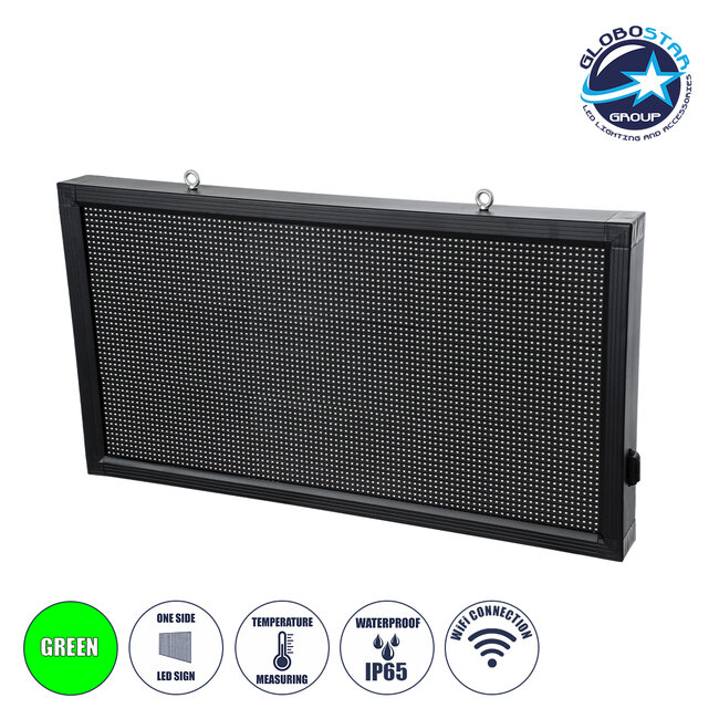 DISPLAY 90809 LED Scrolling Display 96x48cm - Κυλιόμενη Ψηφιακή Πινακίδα / Επιγραφή Μονής Όψης P10 LED SMD AC 220-240V - Λειτουργία μέσω Wi-Fi με Εφαρμογή APP - Αισθήτηρας Θερμοκρασίας και Υγρασίας - Αδιάβροχο IP65 - Μ104 x Π9 x Υ56cm - Πράσινο - 1 Χρόνο Εγγύηση