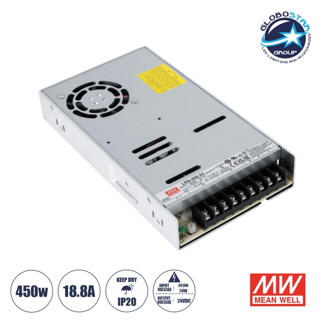 MEANWELL-LRS450-24 90787 Τροφοδοτικό/Μετασχηματιστής PELV 450W 18.8A DC 24V IP20 - AC 220-240V σε DC 24V / Ρυθμιζόμενo από DC 21.6V έως DC 28.8V - Μ22.5 x Π12.4 x Υ3.5cm - 3 Χρόνια Εγγύηση MEANWELL-LRS450-24 90787 Τροφοδοτικό/Μετασχηματιστής PELV 450W 18.8A DC 24V IP20 - AC 220-240V σε DC 24V / Ρυθμιζόμενo από DC 21.6V έως DC 28.8V - Μ22.5 x Π12.4 x Υ3.5cm - 3 Χρόνια Εγγύηση