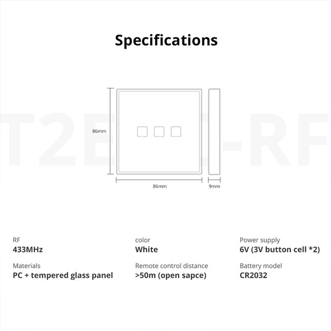 80067 SONOFF T2EU3C-RF - 433MHz Wireless Smart Wall Touch Button Switch 3 Way - RF Series - 15