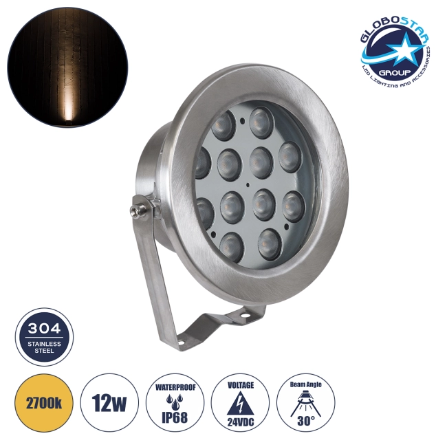 UNDERWATERJERRY 90423 Υποβρύχιο Επιφανειακό Σποτ για Σιντριβάνια/Πισίνες LED 12W 1080lm 30° DC 24V Αδιάβροχο IP68 Θερμό Λευκό 2700K Dimmable - Bridgelux SMD Chip - Ανοξείδωτο Ατσάλι 304 - Μ14.5 x Π7 x Υ19cm - 3 Χρόνια Εγγύηση