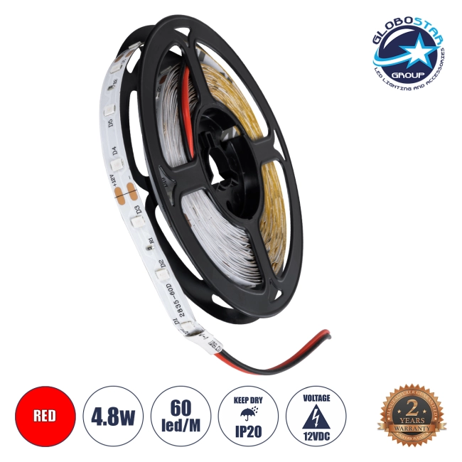AVILA 90593 Ταινία LED 4.8W/m 200lm/m 120° DC 12V IP20 60 x SMD3528 Chip/m Κόκκινο Dimmable - Sanan SMD Chip - Μ500 x Π0.7 x Υ0.2cm - Ρολό 5 Μέτρων - 2 Χρόνια Εγγύηση
