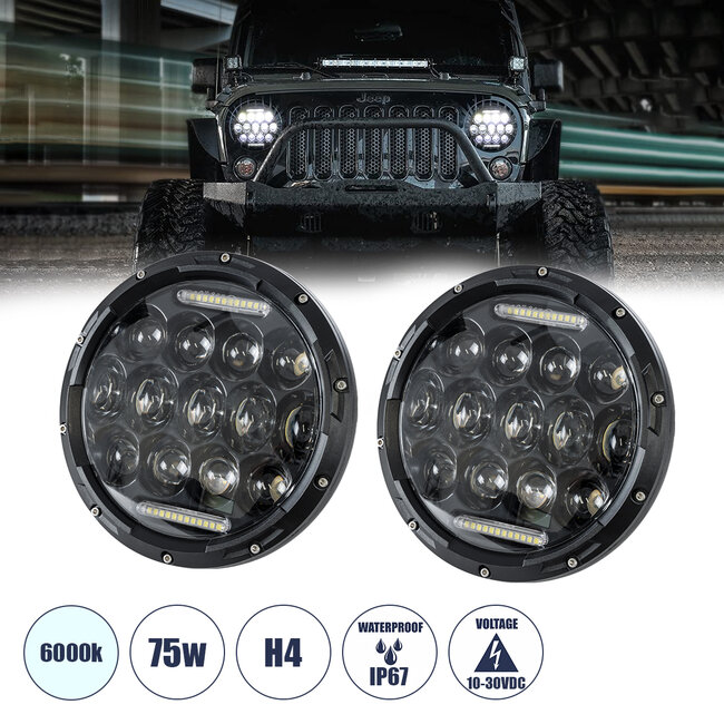 85417 Σετ 2 x Φανάρια JEEP WRANGLER 7 Ιντσών Βασικού Φωτισμού H/L με Ring Light DRL & Φλας LED CREE CXB COB 75W 12000lm DC 10-30V Αδιάβροχα IP67 Ψυχρό Λευκό 6000K