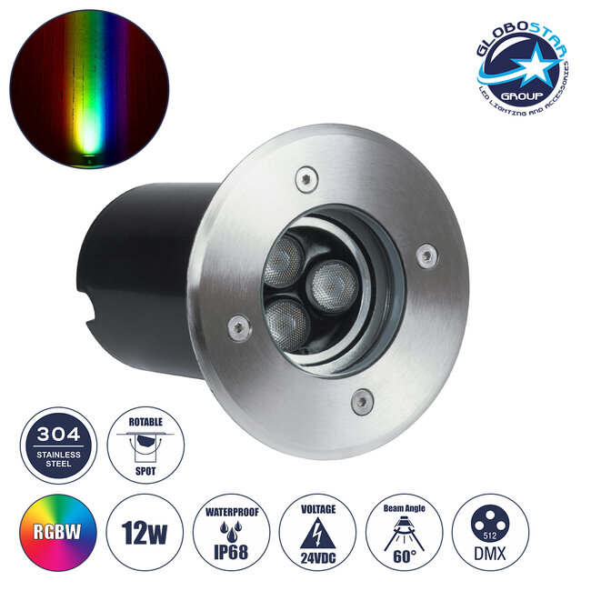 UNDERWATER-LUNTA 90403 Υποβρύχιο Χωνευτό Φωτιστικό Σποτ Ειδικό για Σιντριβάνια LED 12W 1020lm 60° DC 24V Αδιάβροχο IP68 Φ12 x Υ13cm RGBW DMX512 - Ανοξείδωτο Ατσάλι - 3 Years Warranty