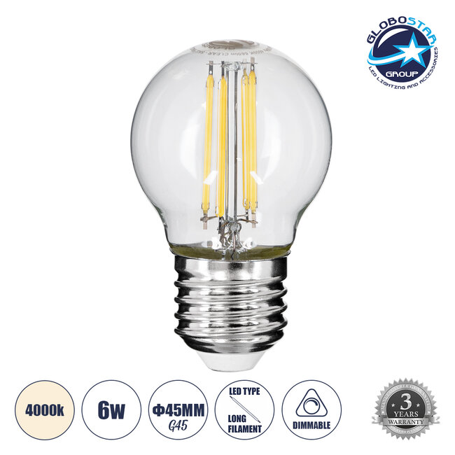 99052 Λάμπα LED Long Filament E27 G45 Γλομπάκι 6W 660lm 360° AC 220-240V IP20 Φ4.5 x Υ7.5cm Φυσικό Λευκό 4000K με Διάφανο Γυαλί - Dimmable - 3 Years Warranty