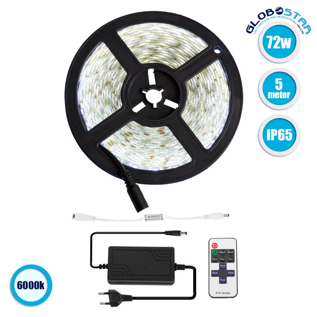 70414 Σετ Ταινία LED 5m 72W/5m 12V 60LED/m 5050 SMD 1584lm/m 120° Αδιάβροχη IP65 με Ασύρματο Χειριστήριο RF 2.4Ghz και Τροφοδοτικό Ψυχρό Λευκό 6000K Dimmable