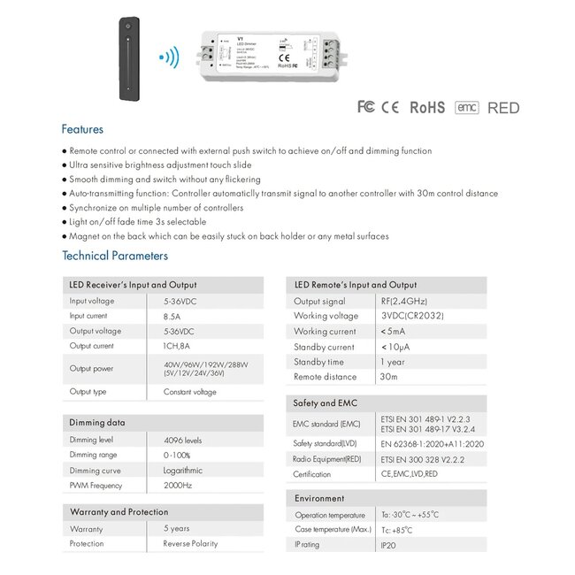 73119 V1+R11 SKYDANCE ΣΕΤ Dimmer & Ασύρματο Χειριστήριο Αφής 1 Group RF 2.4Ghz 8A Max DC 5-36V (288W) - DC 3V IP20 - 5 Χρόνια Εγγύηση - 10