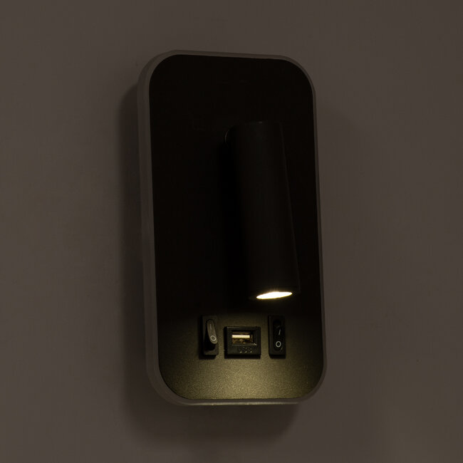 LADY-O 61363 Μοντέρνο Φωτιστικό Τοίχου - Απλίκα Ξενοδοχείου Bed Side LED 10W 1000lm 36° & 360° AC 220-240V - Reading Light & 360° Κρυφός Φωτισμός - Φορτιστής USB 3A - Μ10.5 x Π10 x Υ18.5cm - Φυσικό Λευκό 4500K - Μαύρο - 9