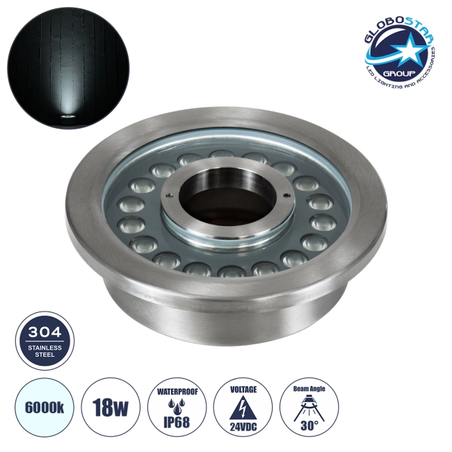UNDERWATER-DENIS 90442 Υποβρύχιο Χωνευτό Φωτιστικό Σποτ Ειδικό για Σιντριβάνια - Πισίνες - Τζακούζι LED 18W 1800lm 30° DC 24V Αδιάβροχο IP68 Φ21.5 x Υ8cm Ψυχρό Λευκό 6000K - Ανοξείδωτο Ατσάλι SS304 - 3 Years Warranty