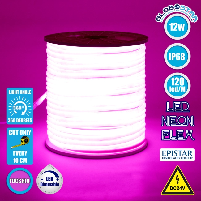 70587 TUBE 360° Degree Neon Flex Epistar LED SMD 2835 1m 12W/m 120LED/m 1212lm/m 360° DC 24V Αδιάβροχη IP68 Ροζ Dimmable