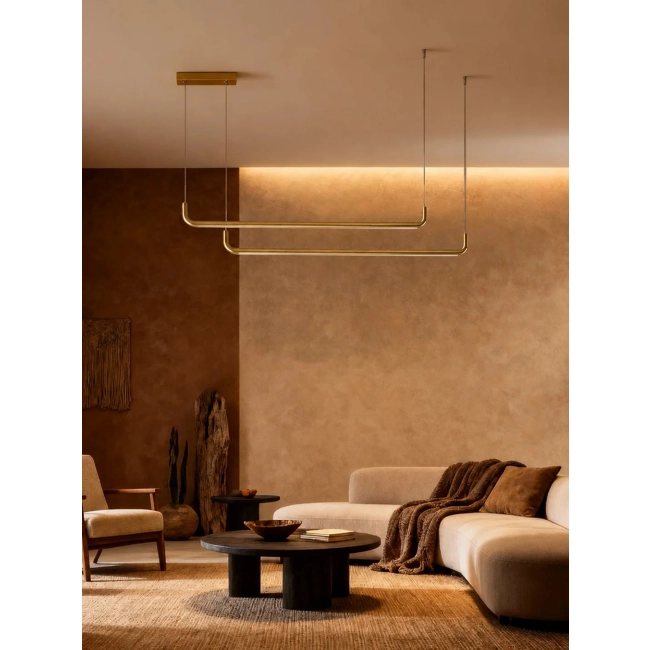 kelvoLINARIA KLV-101-0260 Κρεμαστό Φωτιστικό Οροφής LED 72W 7200lm 180° AC 220-240V IP20 Ρυθμιζόμενο Λευκό CCT με Χειριστήριο από 2700K έως 6000K Dimmable - Lumileds SMD Chip - Σατινέ Χρυσό Βούρτσας - Μ144 x Π4 x Υ20cm - 3 Χρόνια Εγγύηση - 2