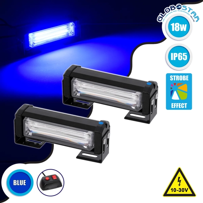 85026 PRO Series ΣΕΤ 2 x Μπάρες Σήμανσης Οχήματος Αστυνομίας για Αυτοκίνητα & Φορτηγά 13 Προγραμμάτων Φωτισμού STROBE LED CREE CXB COB 18W DC 10-30V Αδιάβροχο IP65 Μπλε