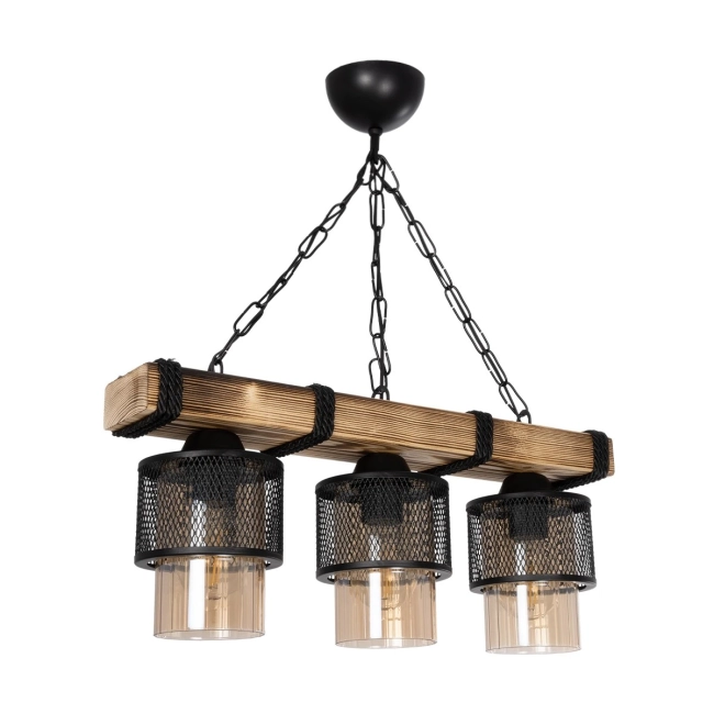 GLORA 201-0009 Vintage Κρεμαστό Φωτιστικό Ράγα Τρίφωτο 3 x E27 IP20 Μπεζ Ξύλο με Μαύρο Μέταλλο & Μελί Γυαλί - Μ50 x Π16 x Υ65cm - 3