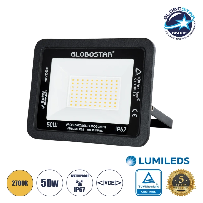  ATLAS 61424 Προβολέας LED 50W 5750lm 120° AC 220-240V Αδιάβροχο IP67 Θερμό Λευκό 2700K - Lumileds SMD Chip - TÜV Rheinland Certified - Μαύρο Ματ - Μ21 x Π3.5 x Υ16cm - 5 Χρόνια Εγγύηση