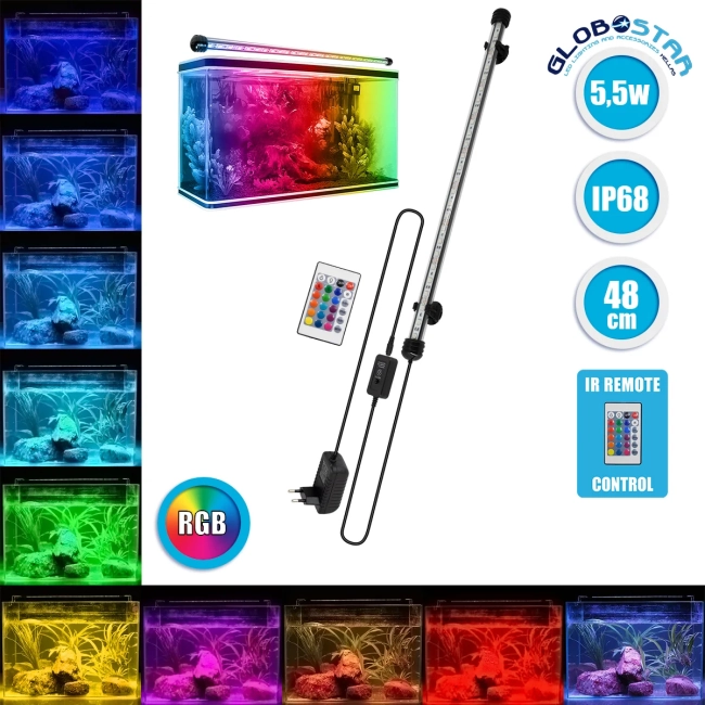 79673 Φωτιστικό Ενυδρείου 48cm LED 5.5W 180° AC 230V Αδιάβροχο IP68 με Ασύρματο Χειριστήριο IR Πολύχρωμο RGB 79673 Φωτιστικό Ενυδρείου 48cm LED 5.5W 180° AC 230V Αδιάβροχο IP68 με Ασύρματο Χειριστήριο IR Πολύχρωμο RGB