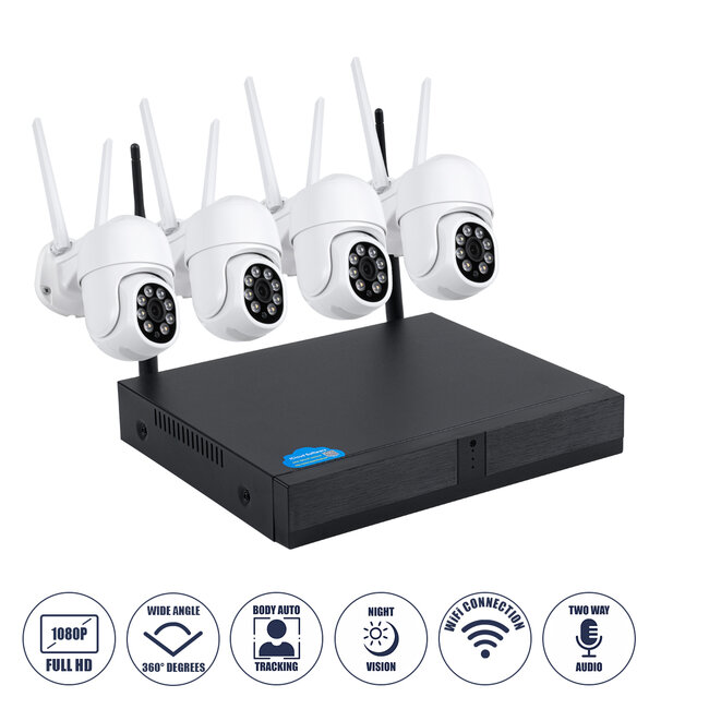 86039 Ασύρματο Καταγραφικό με 4 x Camera 2MP 1080P WiFi  360° Μοιρών - Αδιάβροχο IP66 - Νυχτερινή Όραση με LED IR - Διπλή Κατέυθυνση Ομιλίας - Ανιχνευτή Κίνησης - Νυχτερινή Λήψη - Λευκό
