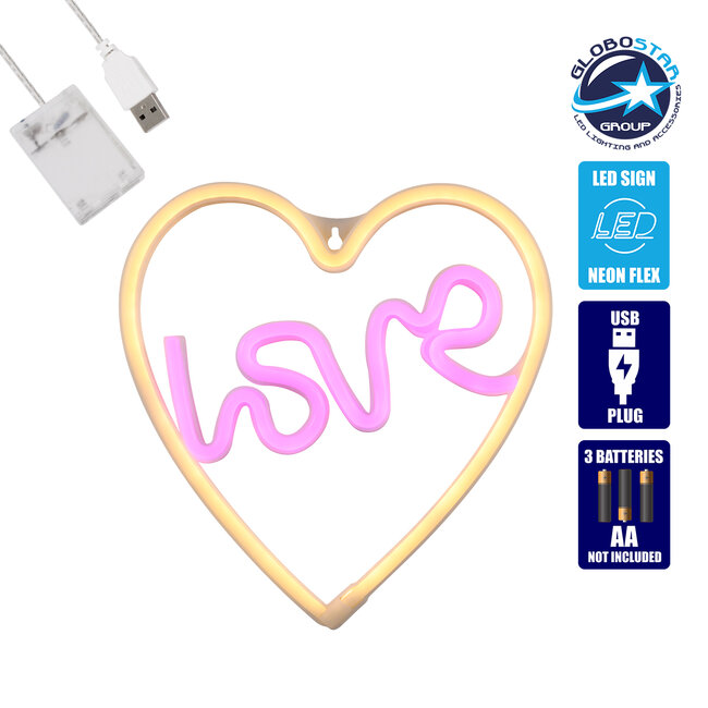 78591 Φωτιστικό Ταμπέλα Φωτεινή Επιγραφή NEON LED Σήμανσης LOVE & HEART 5W με Καλώδιο Τροφοδοσίας USB - Μπαταρίας 3xAAA (Δεν Περιλαμβάνονται) - Ροζ & Θερμό Λευκό 2700K